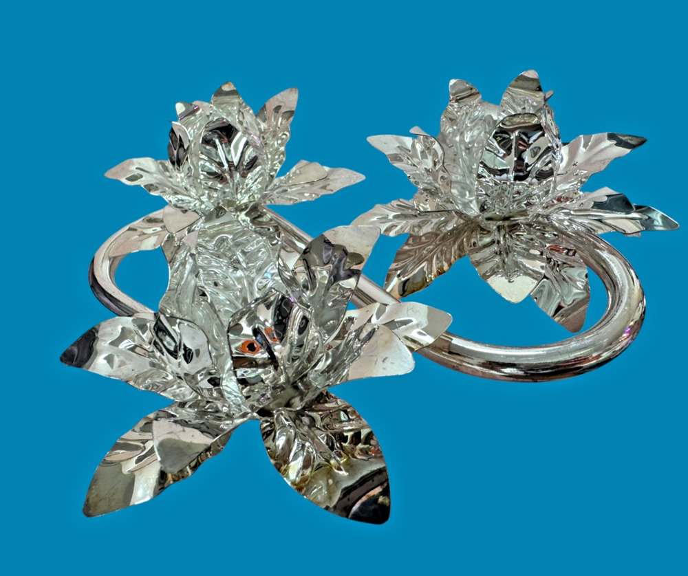 Vintage Winston Galleries Silverplate 3 Candle Holder Lotus Floral NOS Box 80s 9